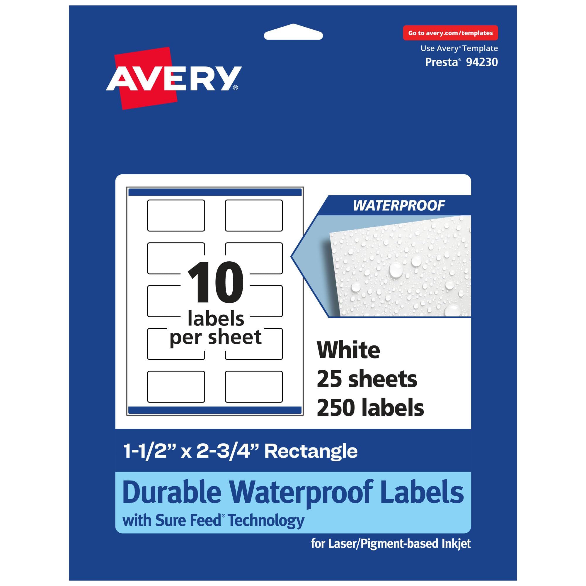 Avery Durable Waterproof Rectangle Labels, Sure Feed Technology, Print-to-The-Edge, 1.5″ x 2.75″, 250 Total, Oil and Tear-Resistant, Waterproof, Laser/Pigment-Based Inkjet Printable