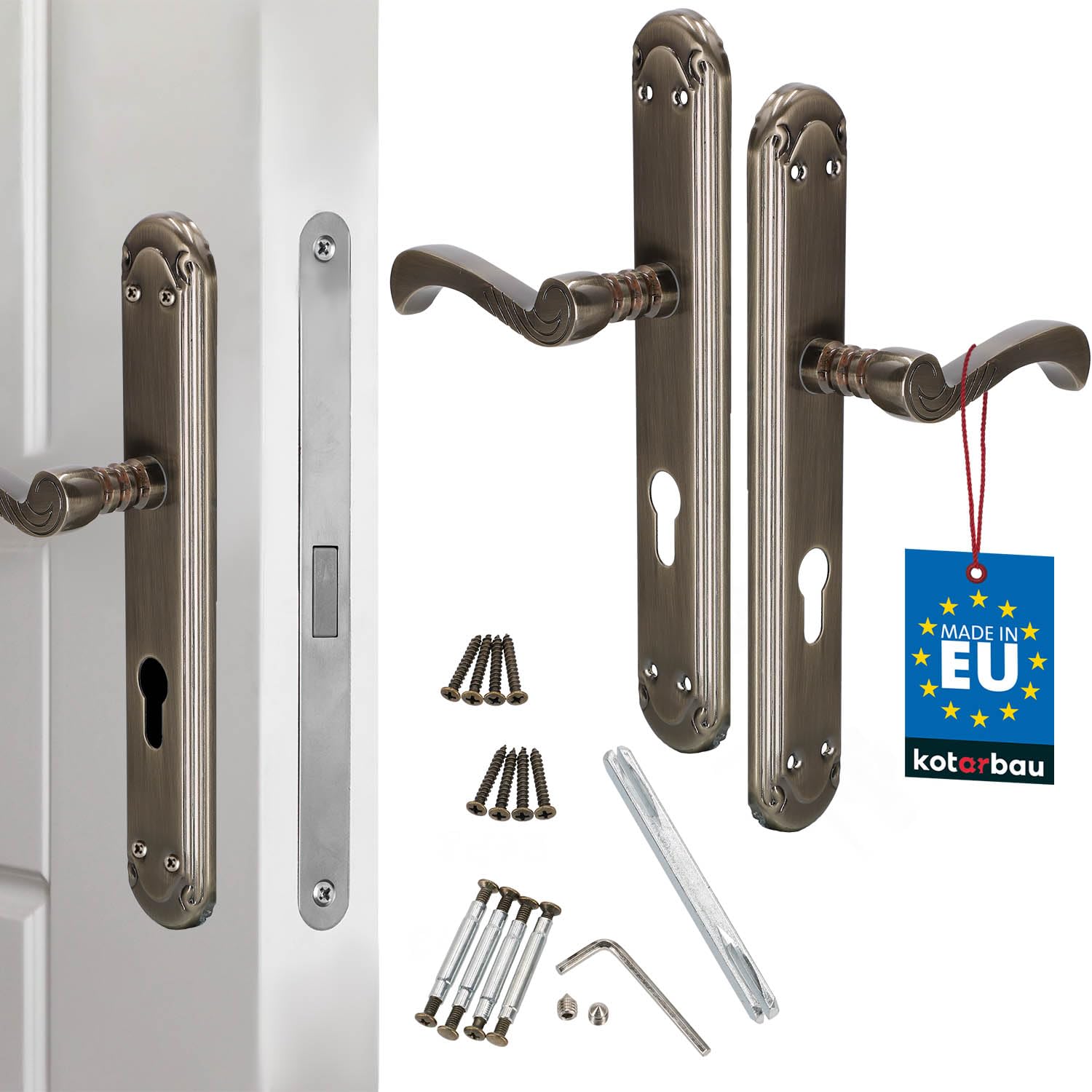 KOTARBAU - 72 mm Door Handle Set – Door Knob and Fitting with Cylinder Lock – Long Plate Door Handle – Interior and Exterior