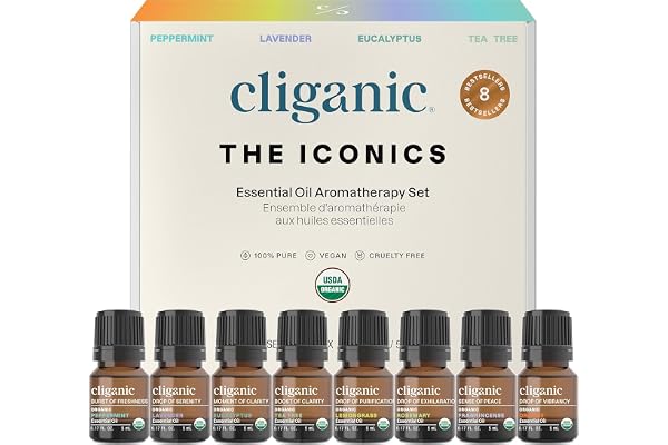 Cliganic Organic Essential Oils Set - Top 8, 100% Pure Natural - Peppermint, Lavender, Eucalyptus, Tea Tree, Lemongrass, Rose
