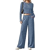 JoyMotion Women's 2 Piece Lounge Sets 2026 Ribbed Long Sleeve Crop Top Wide Leg Pants Travel Outfits Casual Matching Set