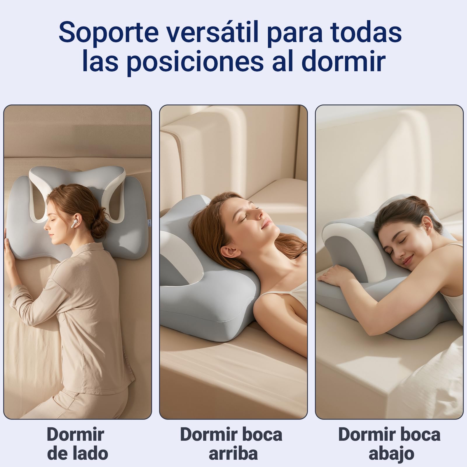 Almohada Cervicales y Cuello - Ergonómica para Dormir de Lado, Boca Arriba o Abajo, Espuma Viscoelástica, Diseño con Espacio para Orejas y Brazos, Funda Transpirable, 64×48×24 cm, Gris