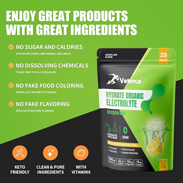VETERCO HYDRATION ELECTROLYTE POWDER, ELECTROLYTE DRINK, HYDRATION SUPPLEMENT DRINK MIX, HYDRATION PACKETS WITH VITAMIN & MINERALS, KETO FRIENDLY, VEGAN, NON-GMO, NO SUGAR, LEMON FLAVOR (20 STICKS)