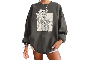 Meladyan Halloween Skull Graphic Print Fleece Oversized Sweatshirt Crewneck Long Sleeve Drop Shoulder Pullover