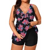 Yonique Two Piece Plus Size Tankini Swimsuits for Women Flowy Bathing Suits with Shorts Tummy Control Swimwear