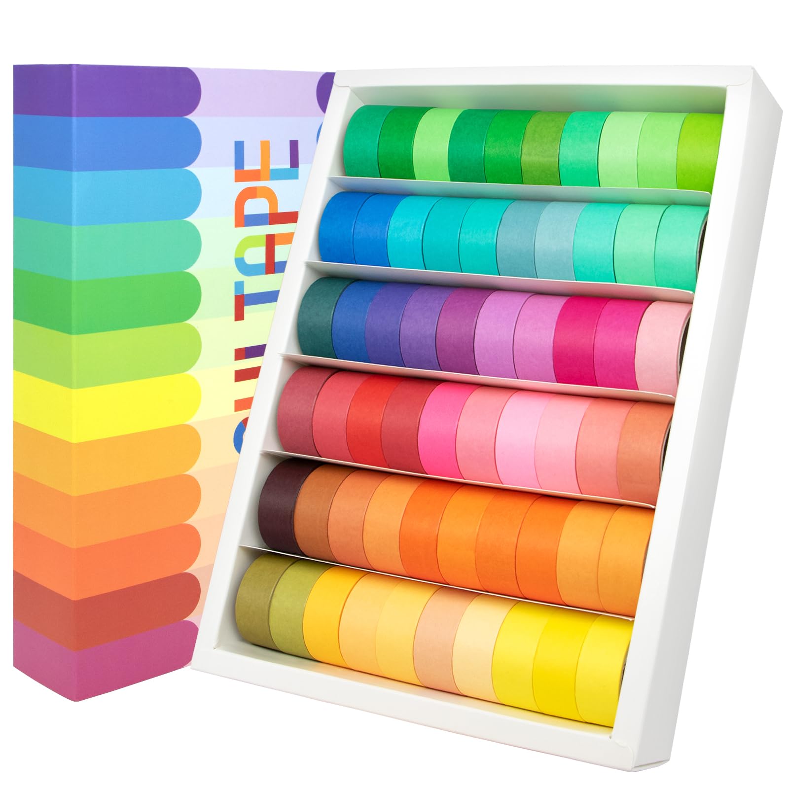 WAPETASHI 60 Rolls Washi Tape Set - 15mm Rainbow Colored Masking Tape, Decorative Tape for Bullet Journaling, Scrapbooking, DIY Arts & Crafts, Christmas Gift, Holiday Decoration