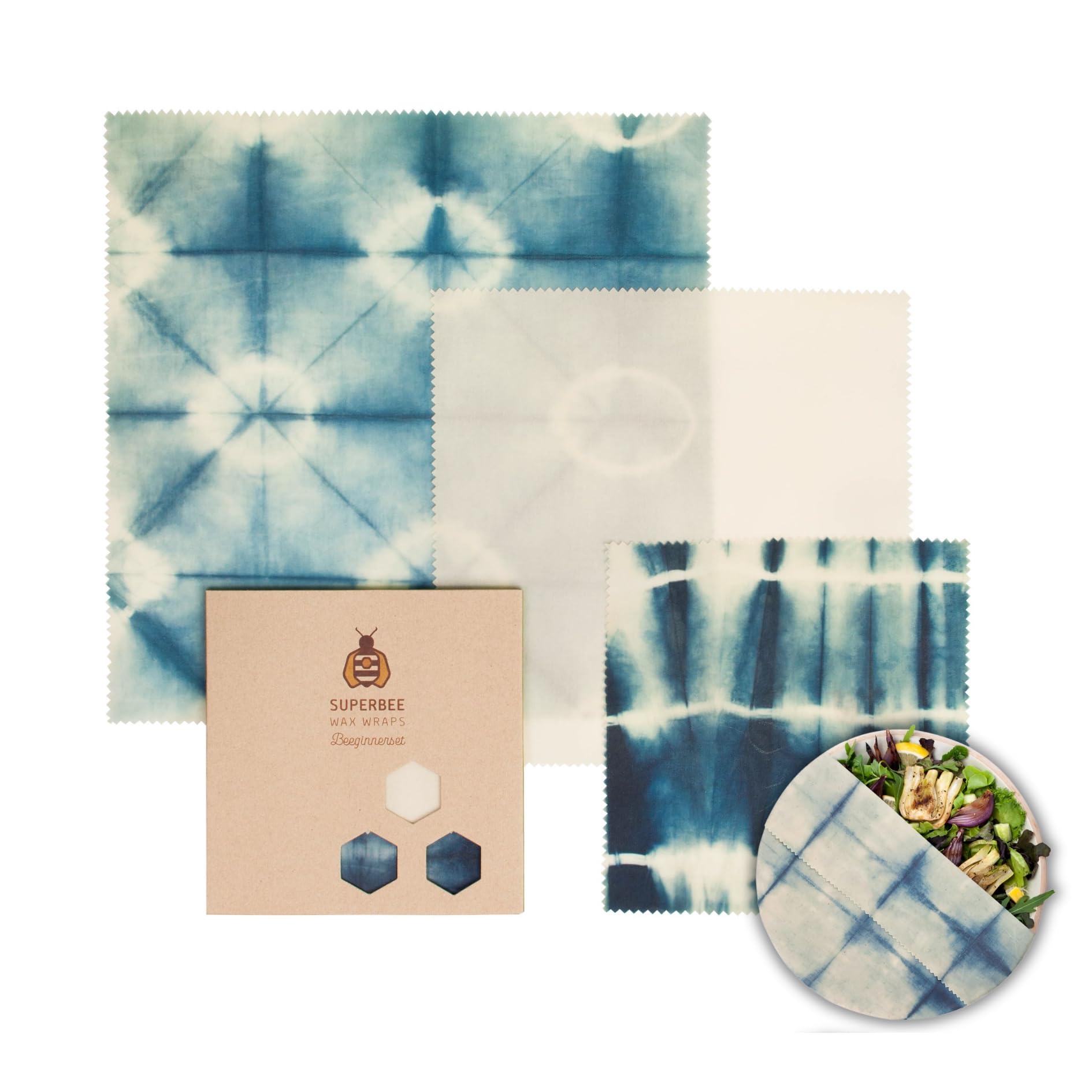 SUPERBEE Beeswax Wrap for Food, Set of 3 Bees Wax Wraps, Reusable Bees Paper for Wrapping Vegetables, Cheese, Bowl Covers and Sandwich Wrapping, Beeswax Food Wraps - Classic (Indigo)