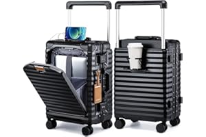Joyway 20 Inch Carry on Luggage with Aluminium Frame and Front Pocket, PC Hardshell Suitcase with USB Port and Cup Holder, 21.5x14.2x9 Airline Approved, Luggage with Spinner Wheels and TSA Lock(Black)