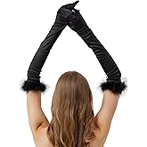 sodknow Long Satin Gloves with Feathers Women Costume Elbow Length Opera Halloween Cosplay 1920s Gatsby Party Formal Dress up