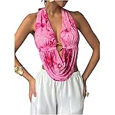 MakeMeChic Women's Floral Deep V Neck Halter Tops Open Back Metal Ring Sleeveless Tank