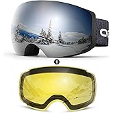 Odoland Magnetic Interchangeable Ski Goggles with 2 Lens, Large Spherical Frameless Snow Snowboard Goggles for Men Women