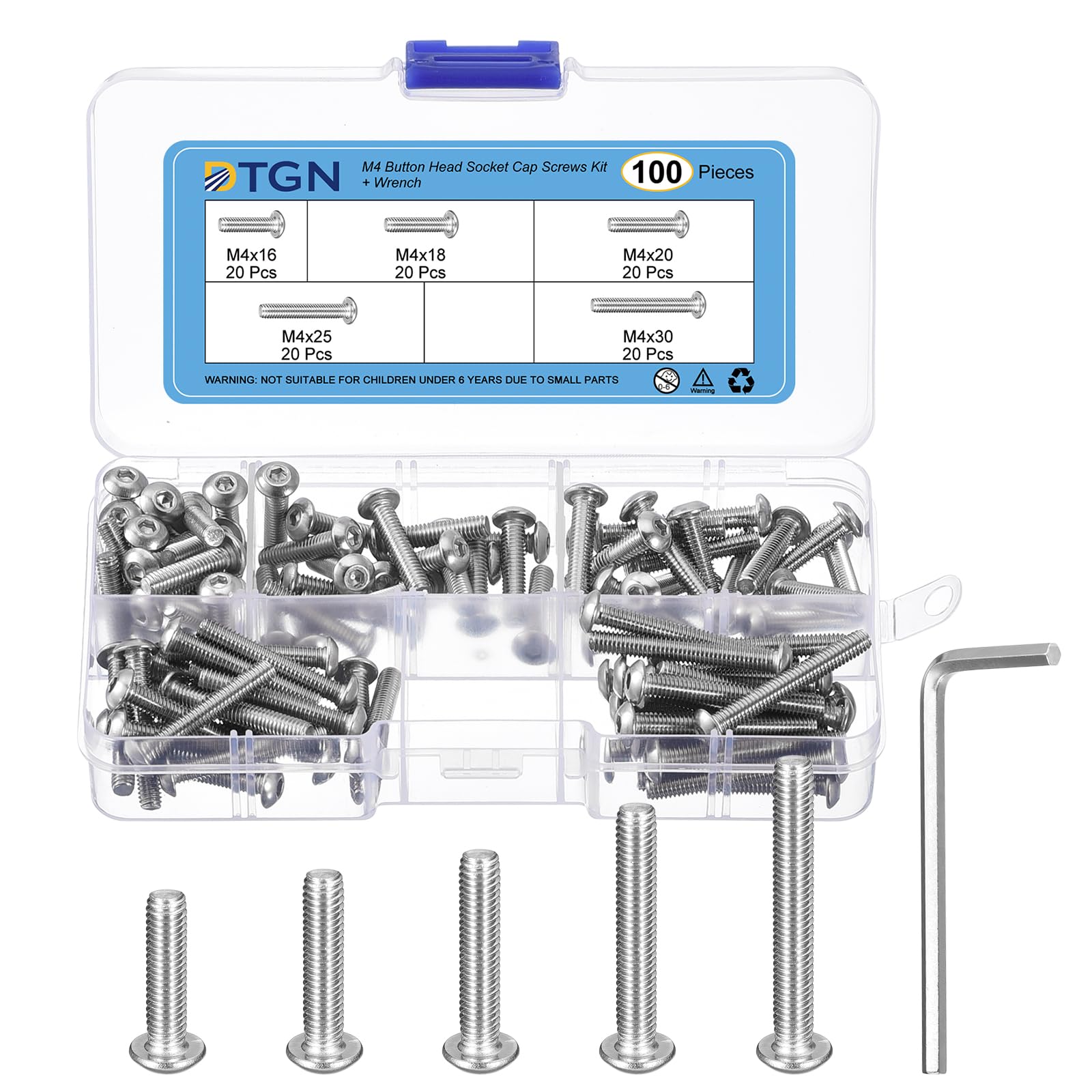 DTGN 100Pack M4(D) Button Head Socket Cap Screws Kit - 16/18/20/25/30mm(L) 304 Stainless Steel Full Thread Hex Socket Cap Screw Assortment with S2.5 Wrench - Good for Machine