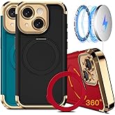 COOLQO for iPhone 14 Case 6.1'' Upgraded 360° Spin Magnetic Stand [Compatible with Magsafe][Military Grade Drop Protection] Shockproof Protective Phone Holder Cover for iPhone 14, Black Gold