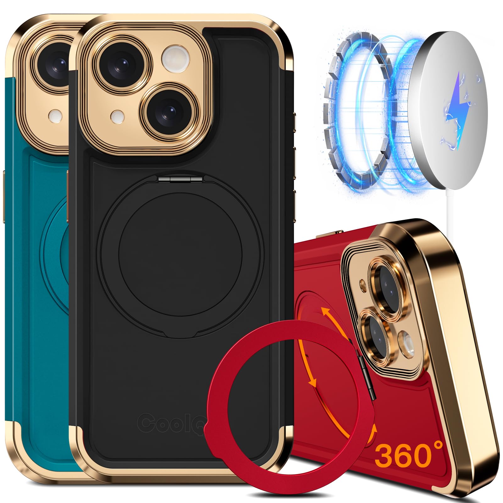 Photo 1 of COOLQO for iPhone 14 Case 6.1'' Upgraded 360° Spin Magnetic Stand [Compatible with Magsafe][Military Grade Drop Protection] Shockproof Protective Phone Holder Cover for iPhone 14, Black Gold