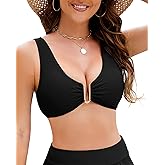 Jolefille Push Up Bikini Top for Women U Wired Wide Straps Swimsuit Tops Scoop Neck Padded Lace Up Back Bathing Suit Top Only