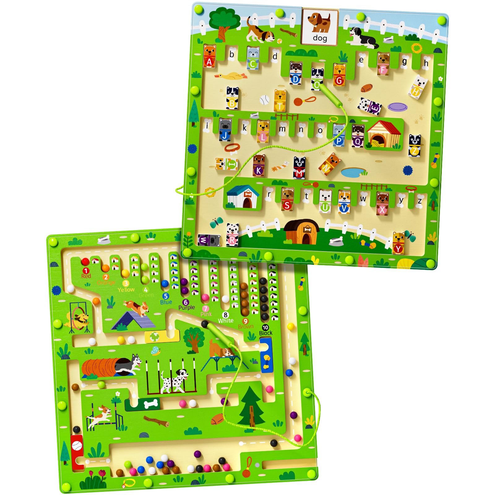 2 in 1 Magnetic Color and Number Maze Magnet Alphabet Counting Car Puzzle Double Sided Board Fine Motor Skills Montessori Educational Preschool Toys for Boys and Girls (Dog)