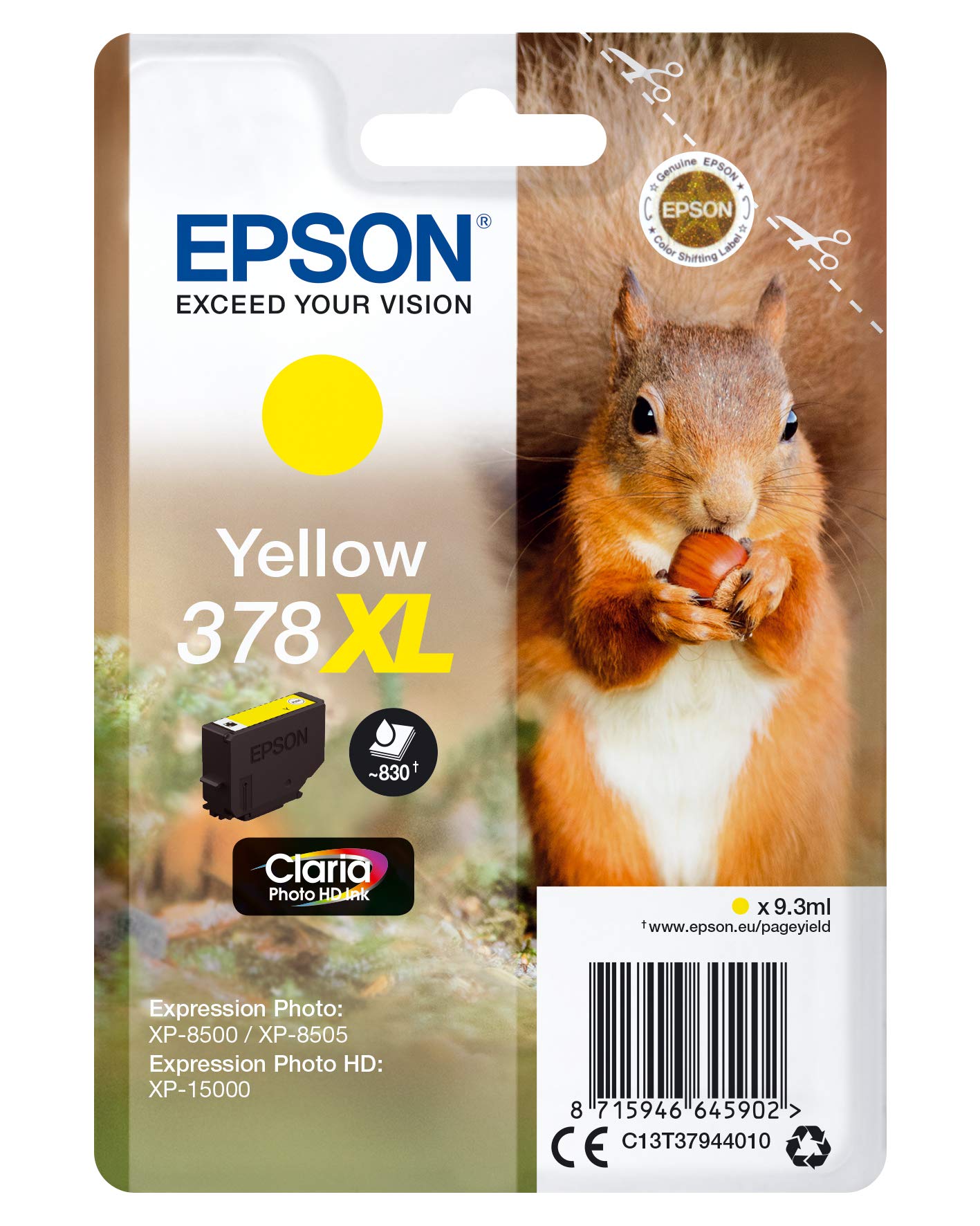 Epson 378XL Yellow Squirrel High Yield Genuine, Claria Photo HD Ink Cartridge