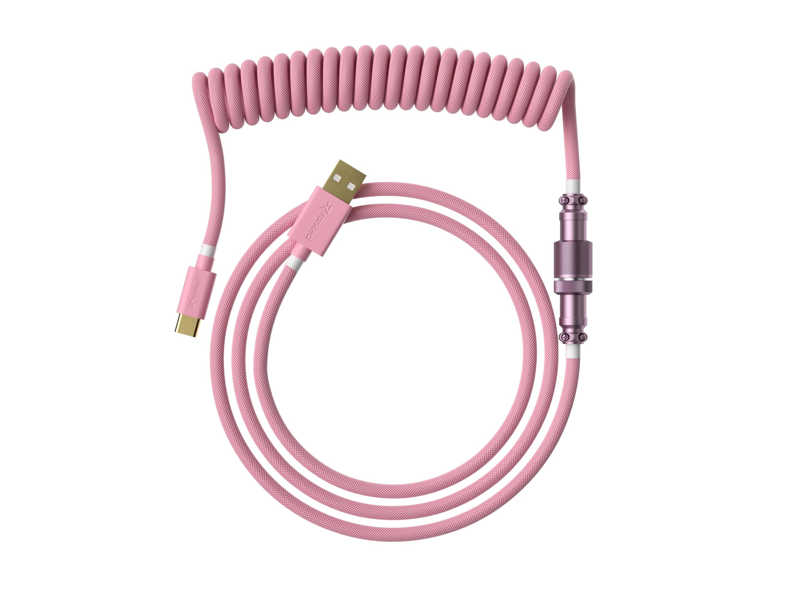 Ranked Coiled Keyboard Cable | Handcrafted Double-Sleeved Braided Cable | USB Type C to A | 5-Pin Aviator Connector for Custom Mechanical Gaming Keyboard | Support Fast Charge 20W (Pink)