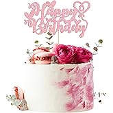 1 Pack Happy Birthday Cake Topper with Love Heart Glitter Valentine's Day Cake Picks Love Theme Baby Shower Kids Birthday Party Cake Decorations Supplies Pink