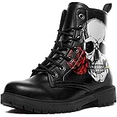 coolcustomize Custom Black Combat Boots for Women Fashion Lace-Up Skull Rose Ankle Booties Chunky Heel Platform Leather Boots