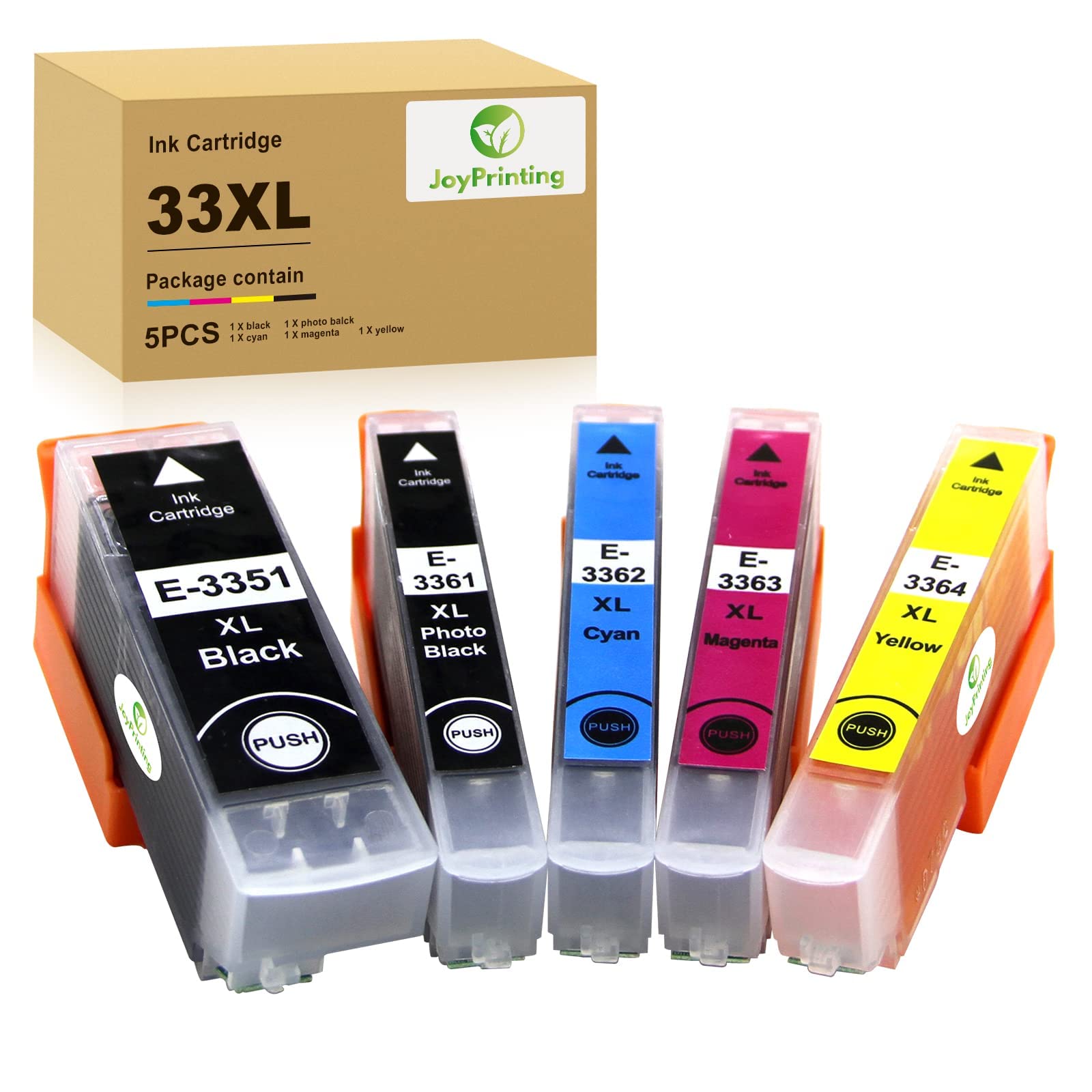 JoyPrinting 33XL Ink Cartridges Replacement for Epson 33 33XL Compatible with Epson Premium XP-640 XP-900 XP-630 XP-645 XP-530 XP-830 XP-635 XP-540 1Black 1Photo Black 1Cyan 1Magenta 1Yellow (5Pack)