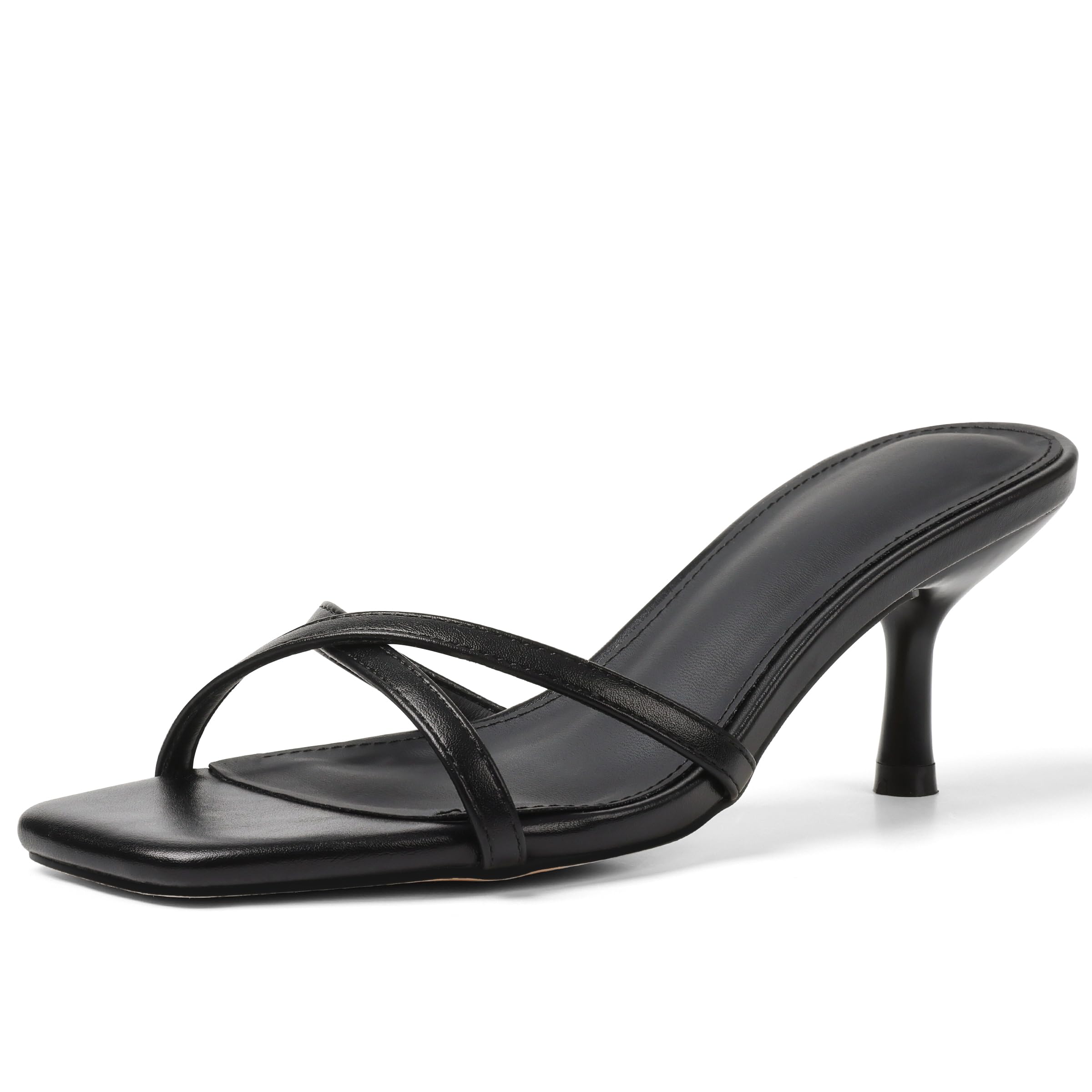 Photo 1 of Black Stiletto Heels for Women Slip on Two Strap Low Kitten Heels Open Square Toe Slides Comfortable Party Dressy Shoes Size 7.5