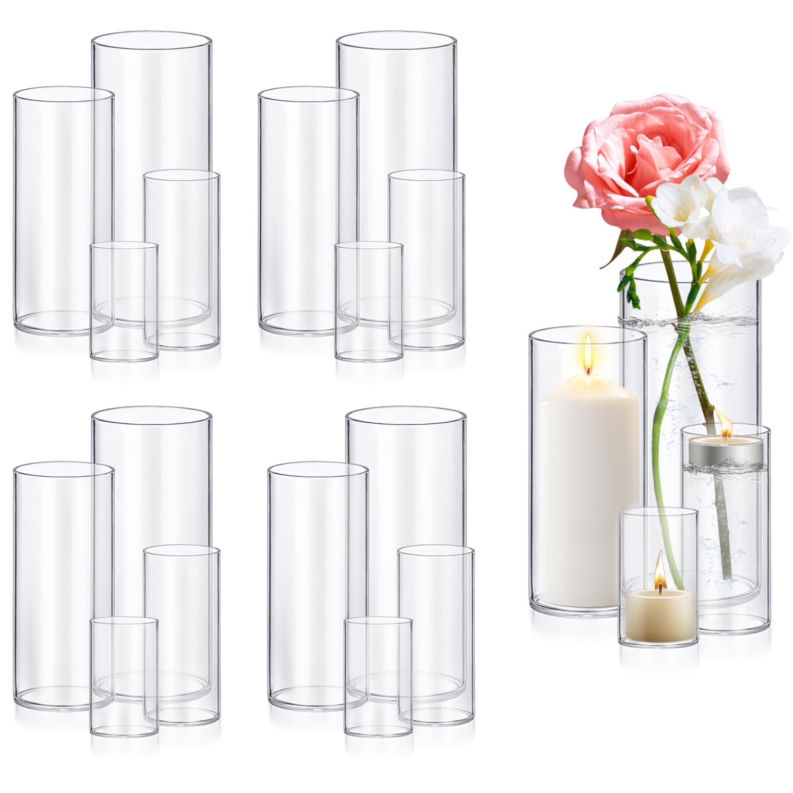 Photo 1 of 16 Pack Glass Cylinder Vases 4,6,8,10 Inch Tall Clear Flower Vase Hurricane Floating Candle Holder for Table Centerpiece Wedding Home Decor