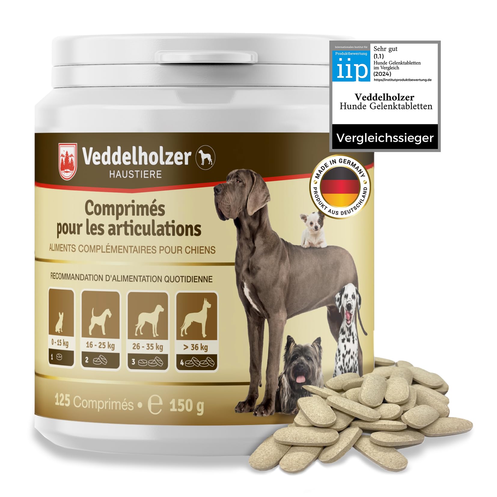 Veddelholzer LAURÉAT DE COMPARAISON DE Produits 2024 Comprimés Anti arthrose Chien articulations pour Chiens avec Moule aux orles Vertes MSM & Griffe du Diable, glucosamine & collagène 125 comprimés