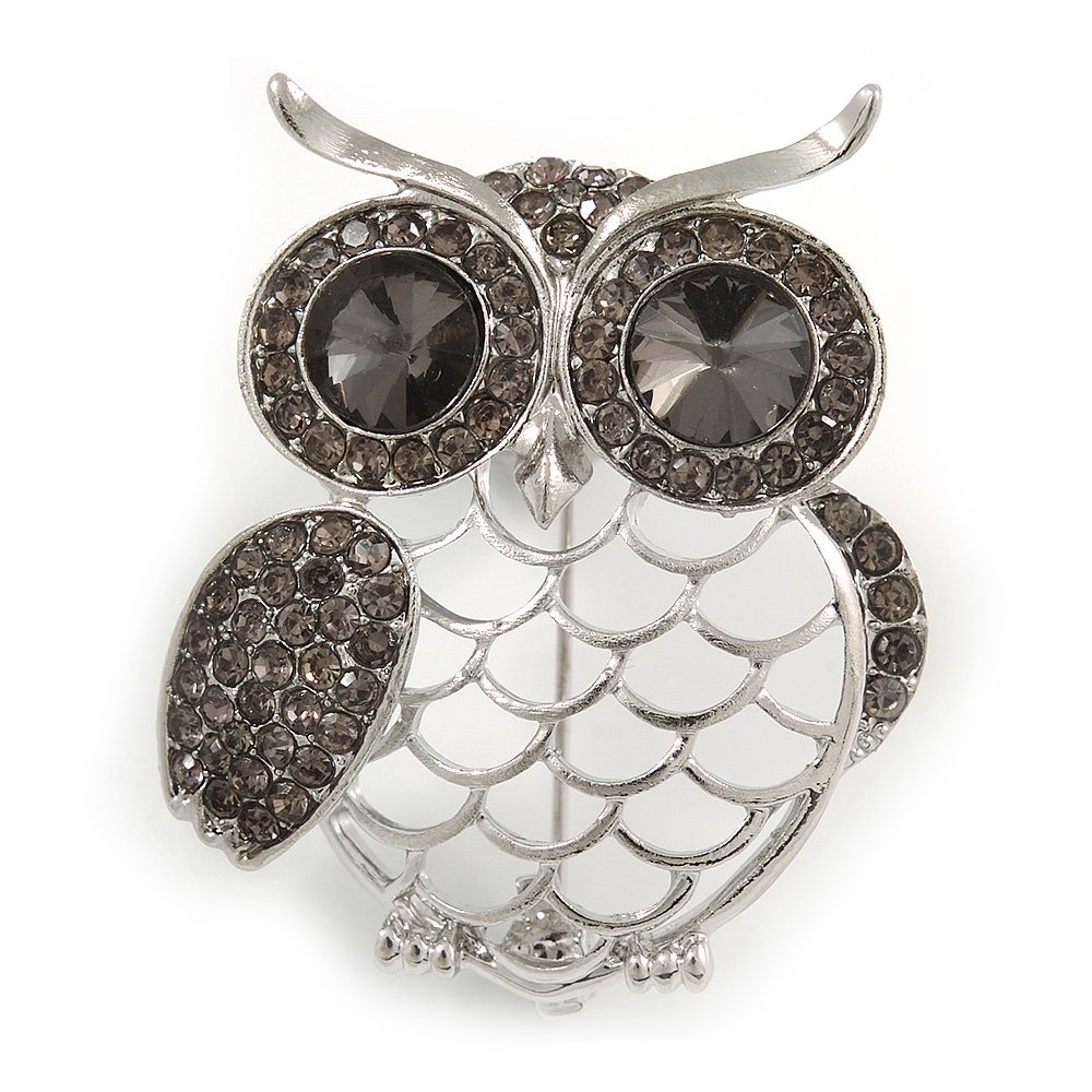 Grey Crystal Owl Brooch In Silver Tone Metal - 43mm Tall