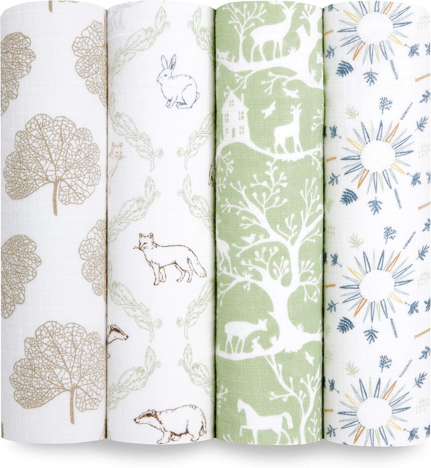 aden + anais harmony Swaddle Blanket - Pack of 4| Large 100% Muslin Cotton Swaddle Wrap Set for Baby Girls & Boys |nature, trees, green, forest Print Designs| Newborn & Infant Sleep, 112 x 112 cm
