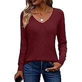Zeagoo Womens Sweaters Fall Trendy Casual Long Sleeve Shirt Lightweight V Neck Off Shoulder Crochet Pullover Top Outfit
