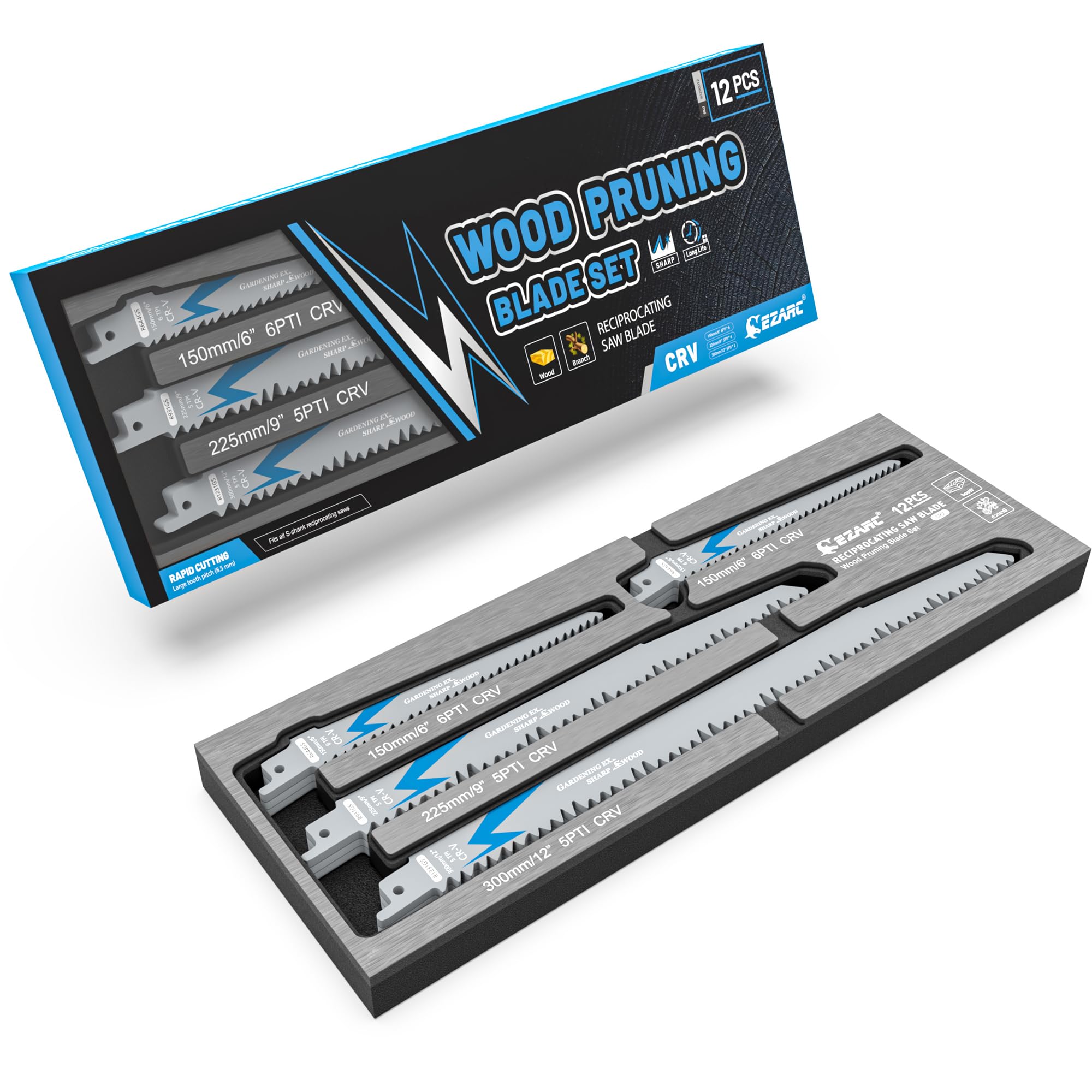 EZARC 12-Piece Reciprocating Saw Blade Set for Wood Pruning and Wet Wood Cutting With Organizer Box - Durable & Sharp