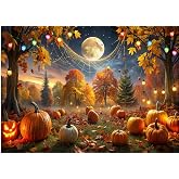 LTLYH 7x5ft Halloween Pumpkin Backdrop Autumn Forest Jack-O'-Lantern Background with Full Moon Lights for Fall Photography, Kids Birthday, Halloween Party Photo Booth Decoration 342