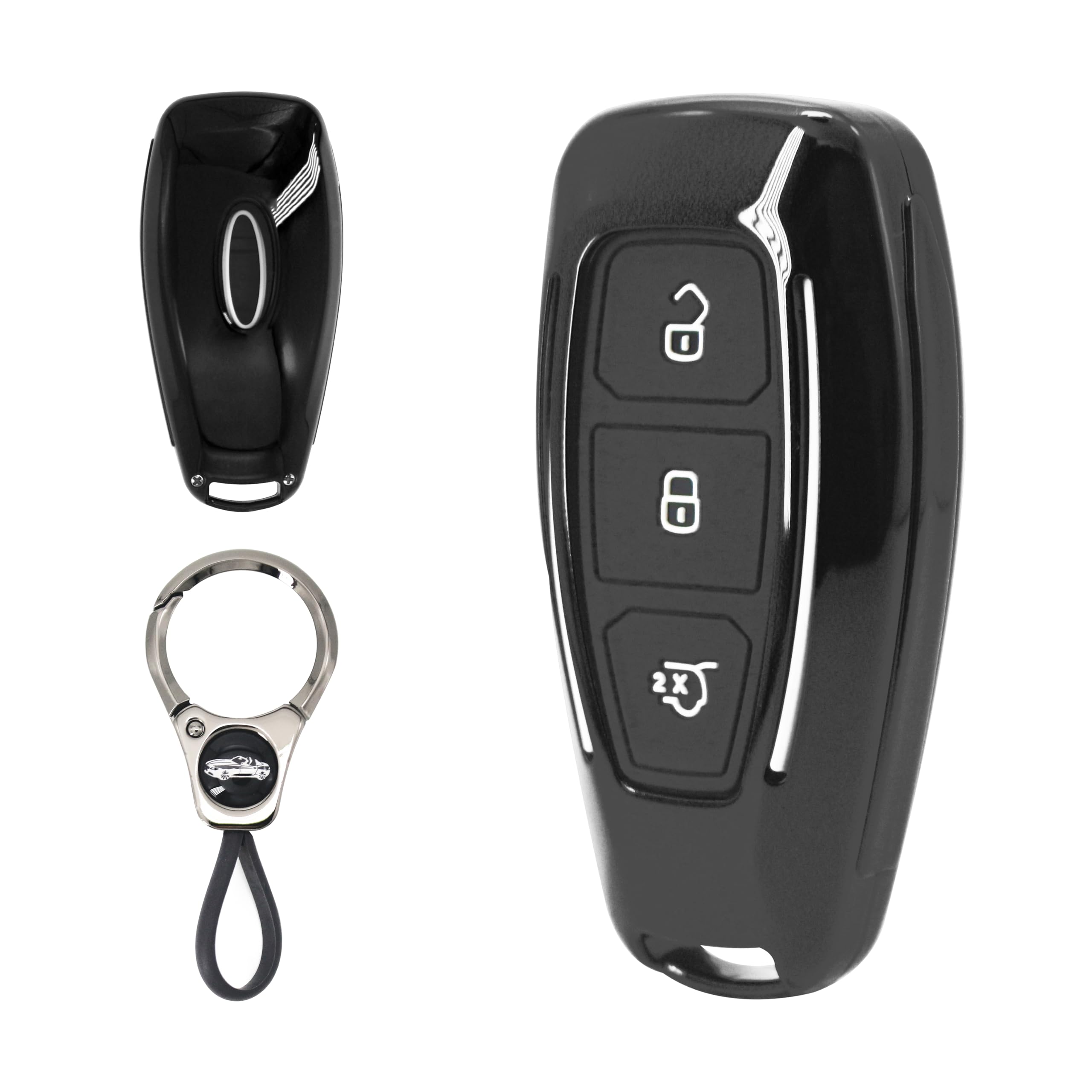 Carbon Fibre Pattern ABS Plastic Cover for Ford Smart Key Fob, 3 Buttons Smart Car Key Case with Keychain, Compatible with Ford Focus/Fiesta/Kuga/C-Max, etc. - Black