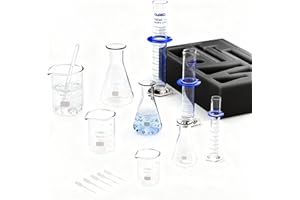 JOLABEAR Upgraded Packaging Glass Graduated Cylinders, Beakers and Erlenmeyer Flasks with 5 Pipettes, 50ml 100ml 250ml Beaker and Flask, 10ml 50ml 100ml Cylinder, for Chemistry Experiments