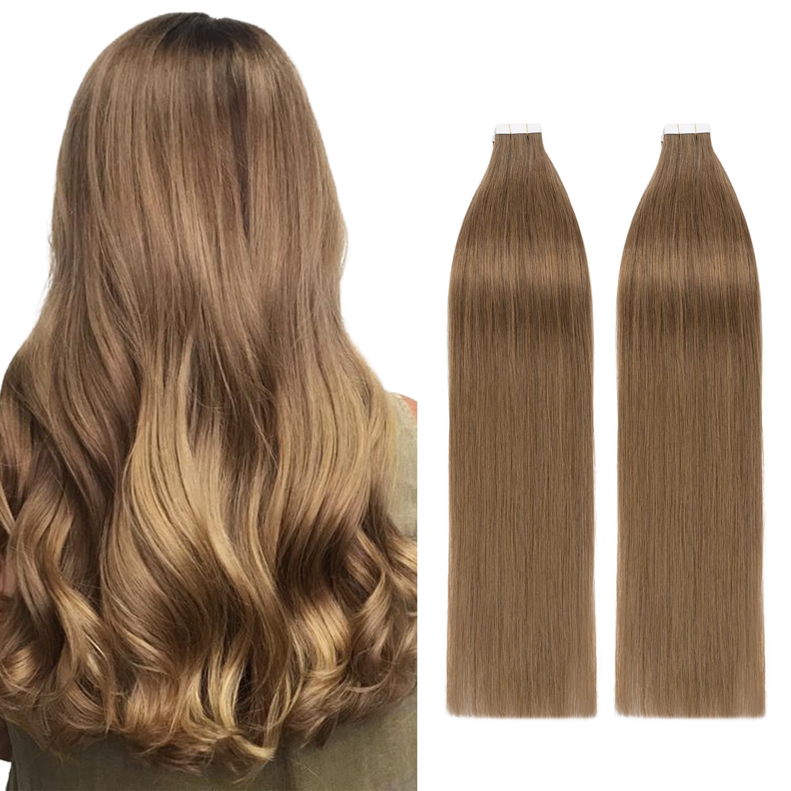 16inch Tape in Hair Extensions 40Pcs Real Human Hair Extension 100g #06 Light Brown Skin Weft Seamless Straight Full Head