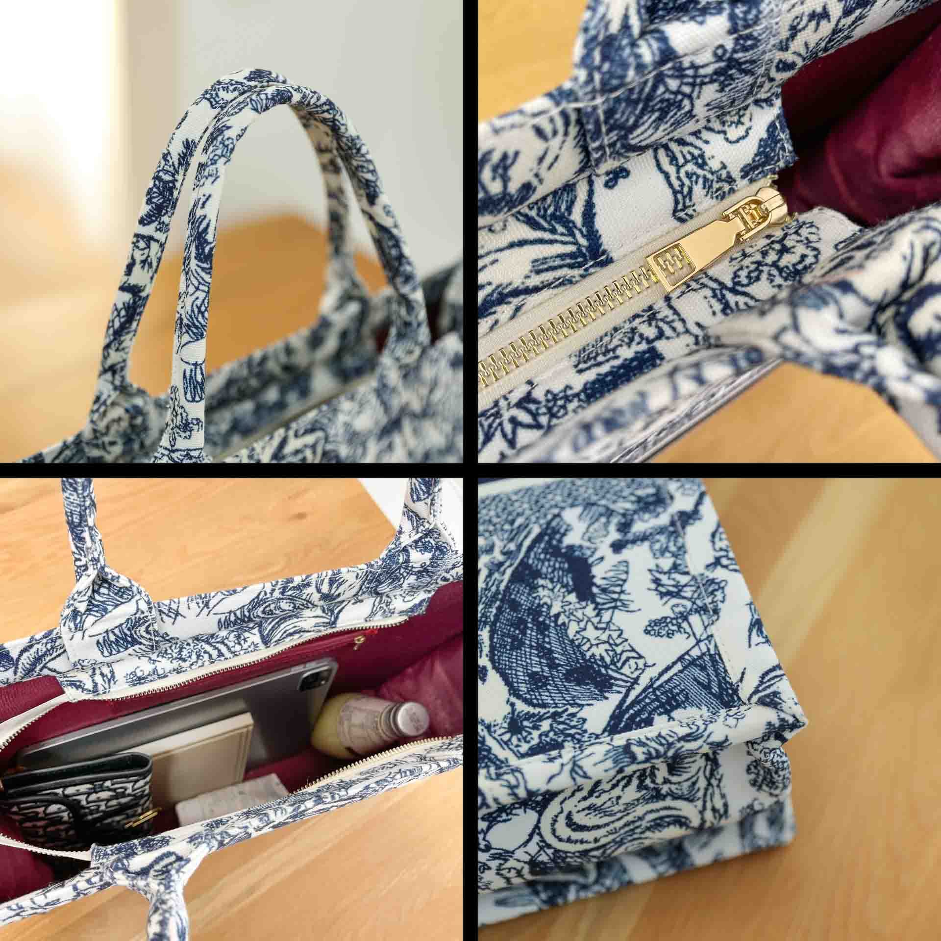 Fashion luxury tote bag cotton linen one shoulder handbag large capacity jacquard embroidery retro exquisite graffiti, Blue, Grande