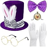 Hikkcos 4PCS White Rabbit Costume Set - Bunny Top Hat & Ears, Mad Hatter Costume for Easter & Halloween