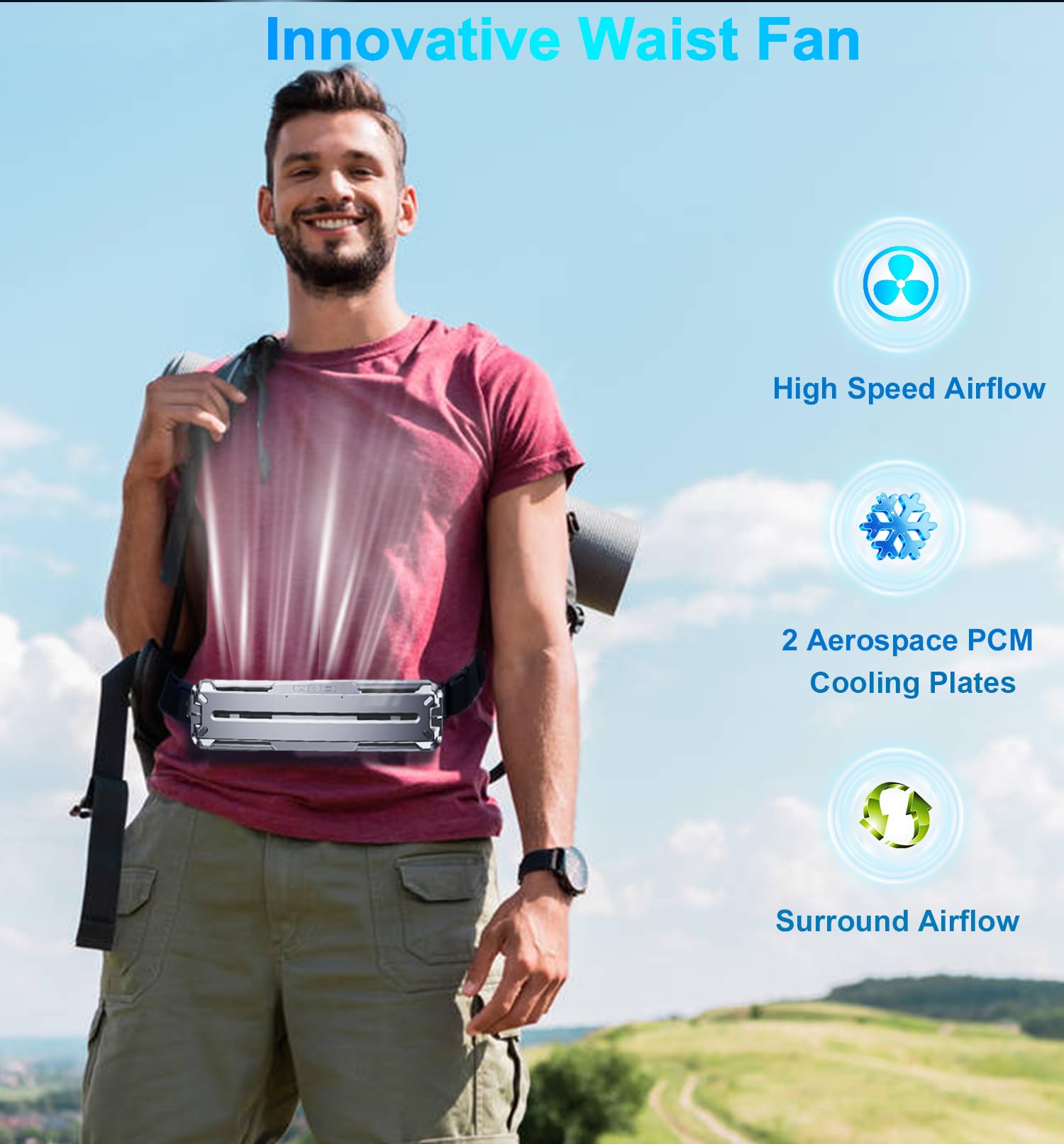 Portable Waist Fan with 2 Cooling Plates, Wearable Belt Clip on Fan 5000mAh Rechargeable 3 Speeds 6000RPM Strong Airflow, Personal Travel Body Shirt Fans for Outdoor Work Camping Fishing