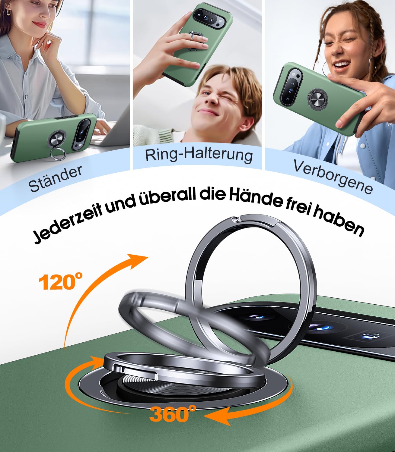 AOUIA für Google Pixel 10 Pro XL Hülle mit 2 Stück Schutzglas, 360°Ring Ständer, Stoßfeste Schutzhülle, 3-in-1 Handyhülle für Pixel 10 Pro XL, Grün 2