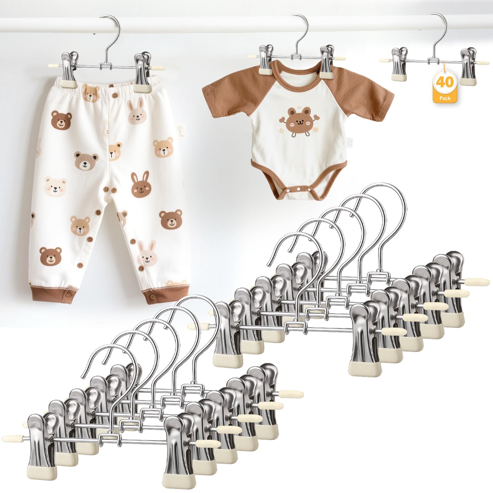 Mity rain40-Pack Baby Hangers - 360° Rotatable Silicone Clip Kid Hangers, Space-Saving Toddler Hanger,Premium Stainless Steel, Ideal for Newborn & Children Wardrobe Organization.