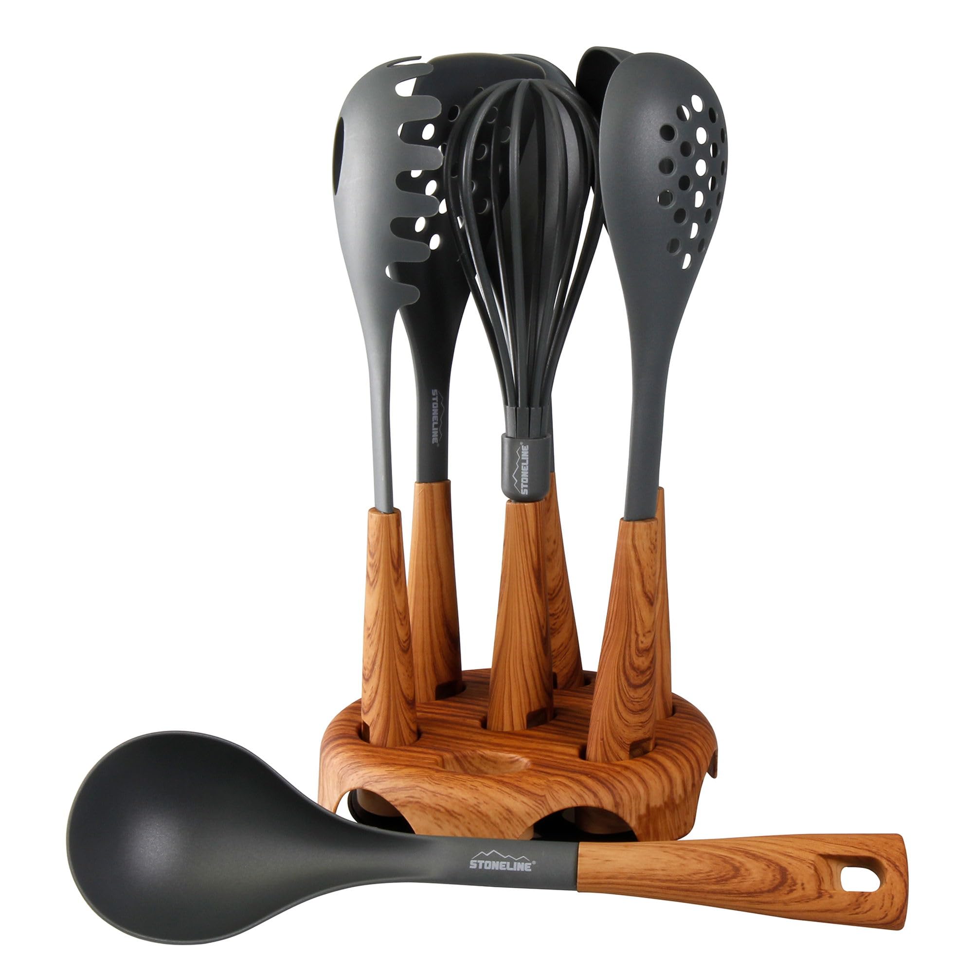 STONELINE 18241 8 Piece Kitchen Utensil Set with Rotating Stand, Kitchen Tool Plastic Wood Effect, 18.9 x 11.9 x 34.9 cm, Natural
