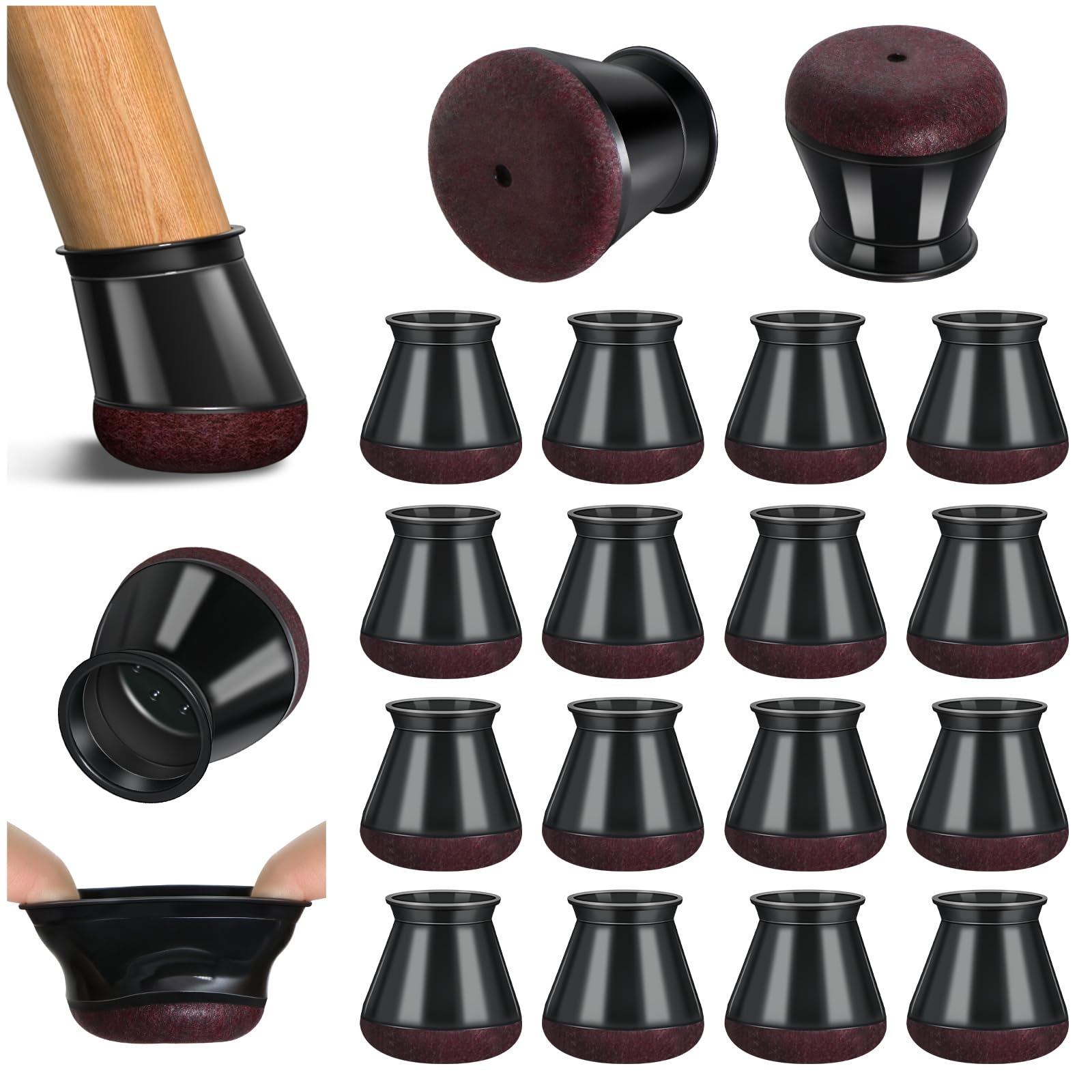 Chair Leg Floor Protectors, 16 Pcs Silicone Black Chair Leg Covers Caps for Hardwood Floors with Wrapped Felt, Furniture Feet Protectors Pads (Fit:20.1-30mm)