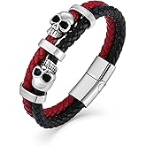 Raymard Mens Skull Double Row Leather Bracelet, Black or Silver Skull Braided Bracelet for Men, Mens Punk Jewelry
