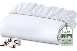 Royale Linens 100% Organic Cotton Fitted Sheet - Percale Weave - Super Soft Deep Pocket Bottom Sheets - White Elastic Sheet Queen Size - Queen Fitted Sheets Only - (60"x80"+15", White)
