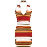 winkbay Women's Striped Crochet Halter Mini Dress Backless Bodycon Y2k Party Dresses Beach Vacation Clothes