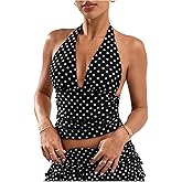 Milumia Women Polka Dots Halter Crop Top Y2k V Neck Open Back Ruched Going Out Tank Tops Clubbing Outfits