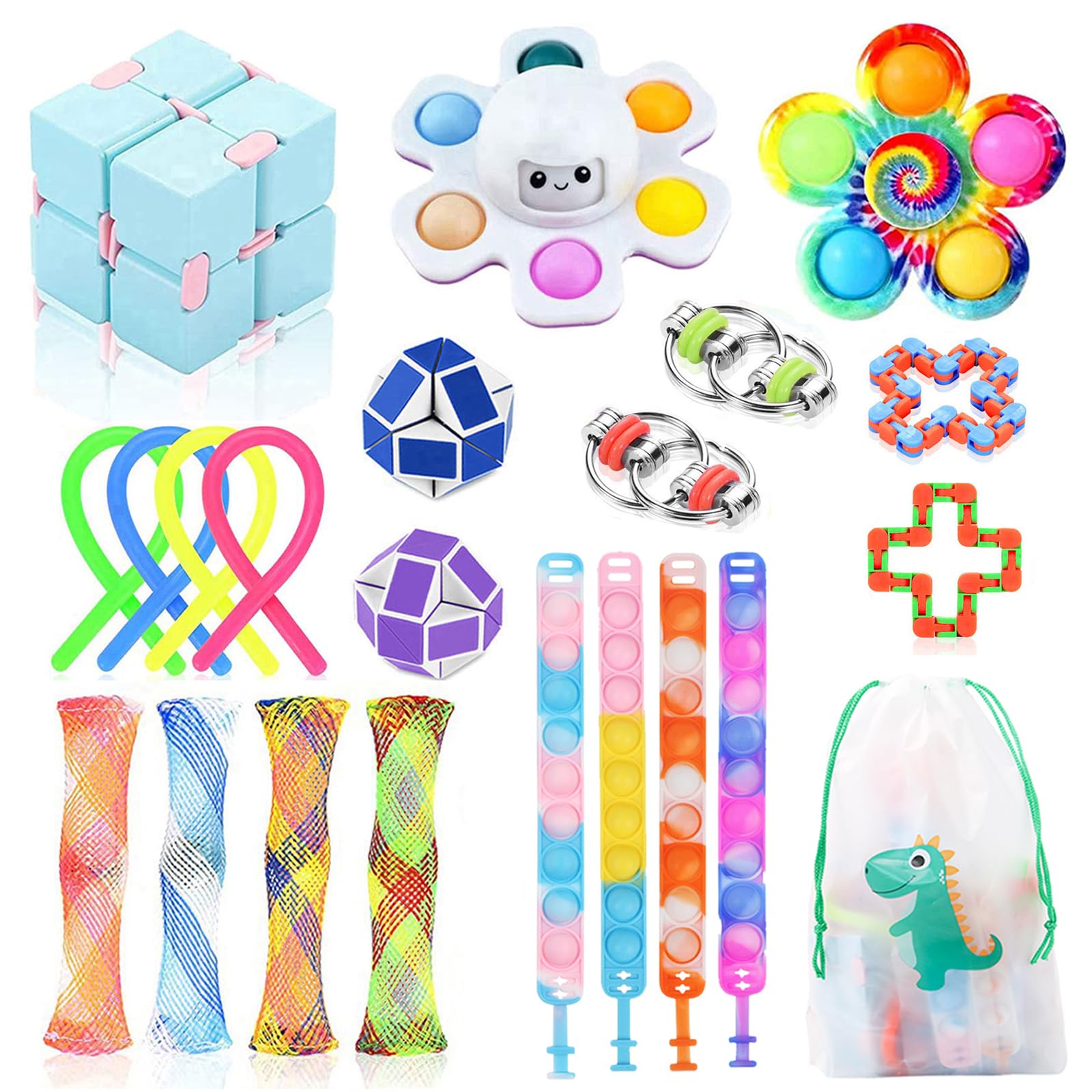 JUAUO 22 Pcs Fidget Toys Pack for Kids and Adults, Sensory Fidget Toys Set Stress Reliever Anxiety Relief Toys, Pop it Bracelet Educational Toys Gifts with Storage Bag for Birthday Party Favour Bag
