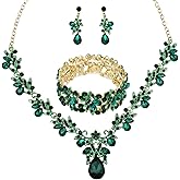 Enrwin Wedding Leaf Flower Crystal Teardrop Pendant Necklace Dangle Earrings Stretch Bracelet Jewelry Set for Women Bridal Party Prom