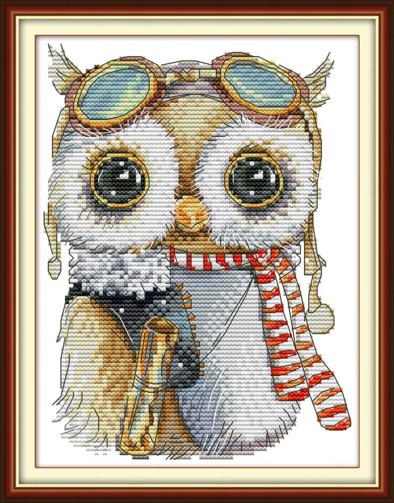 Stitchmelody Stamped Cross Stitch Kits,11CT Printed Pattern Embroidery Kit DIY Home Décor Needlework-Cute Owl 24cm×33cm