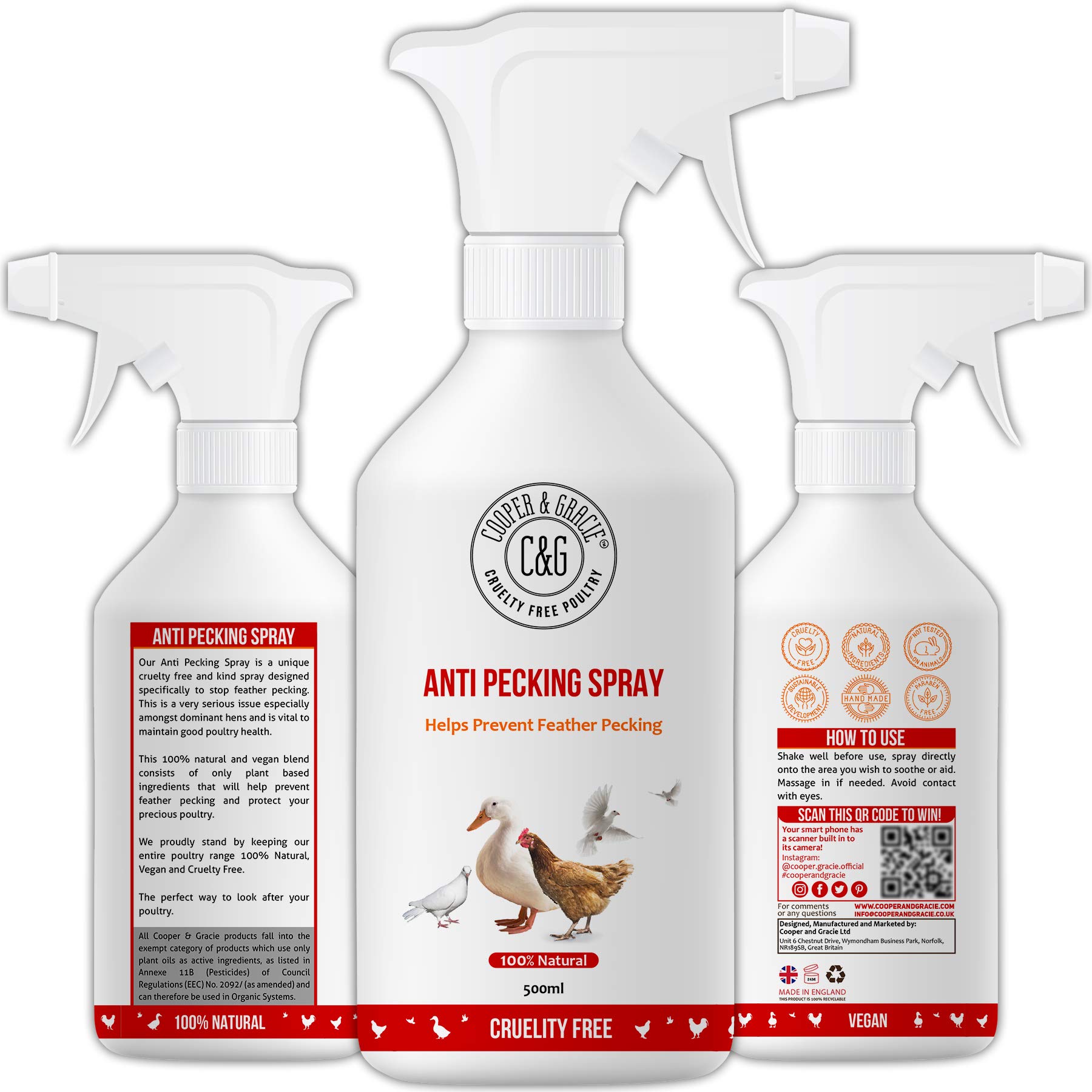 Anti Pecking Spray 500ML By Cooper And Gracie | Organic Blend Protects and Supports Poultry Health | Stop Peck, Cleans Pecking Wounds and Cuts | Prevent Feather Pecking | Cruelty Free and Kind Spray